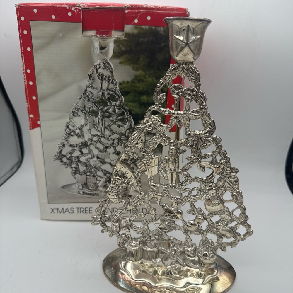 VTG International Silver Co. Christmas Tree Candle Holder Cutout Design 10”